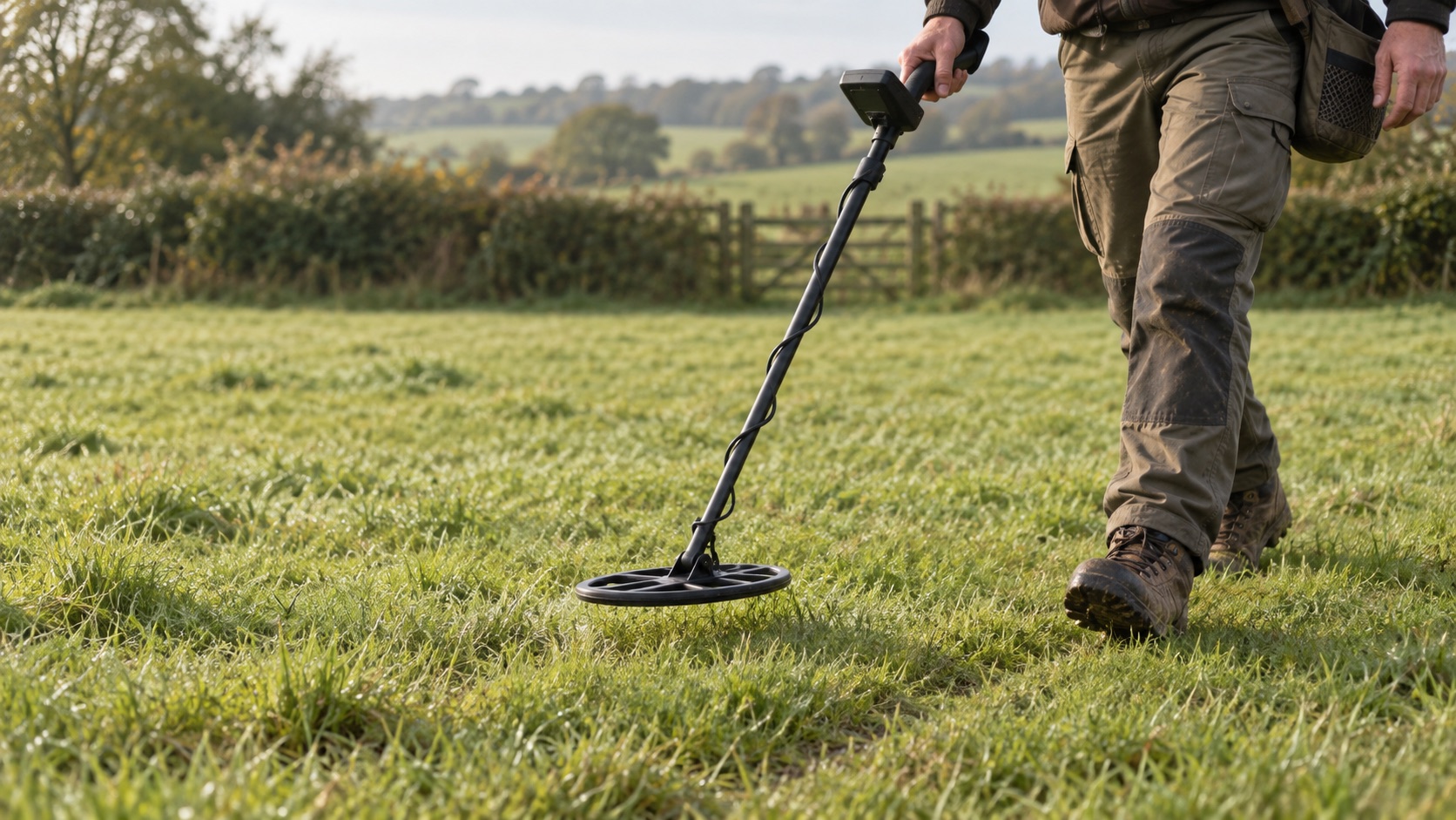 A metal detector coil held low and level above short pasture grass