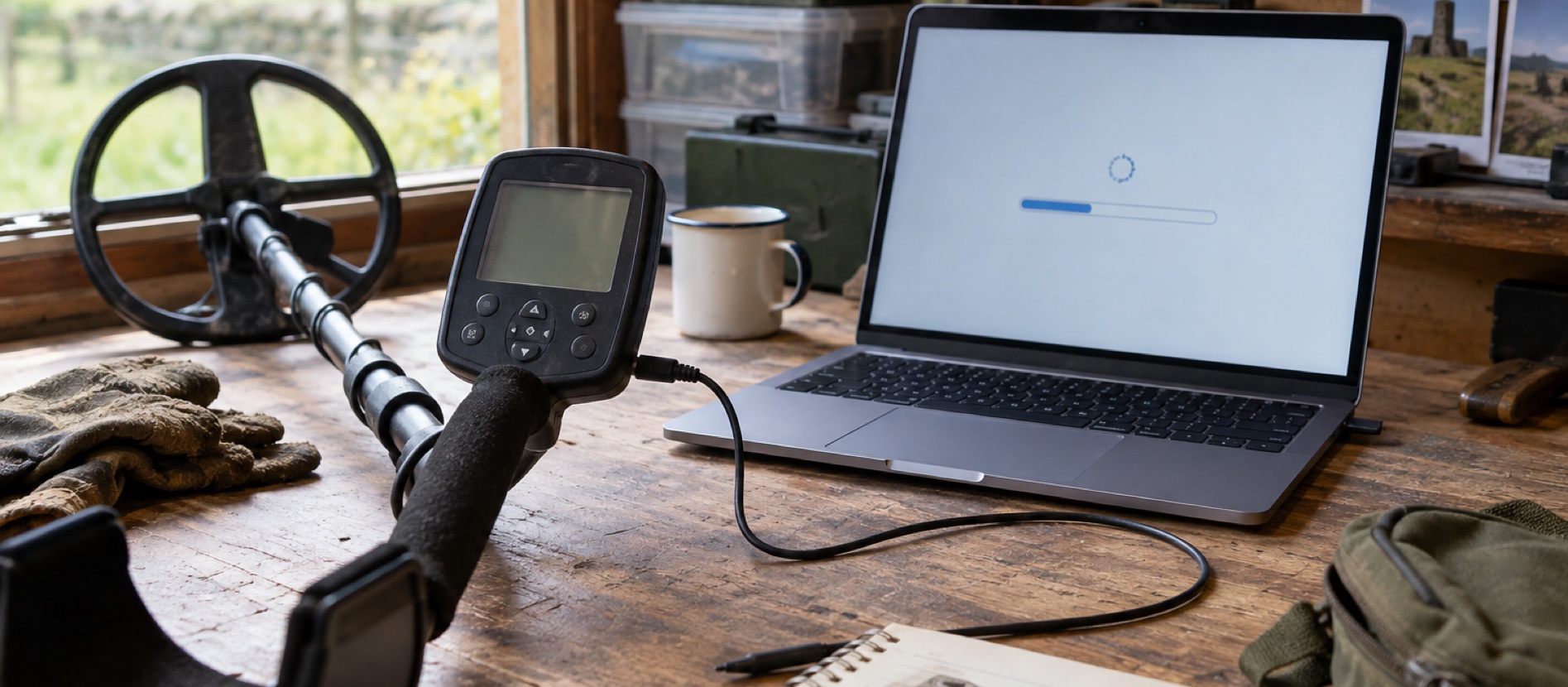 Metal detector beside a laptop showing an update progress screen in a home workshop