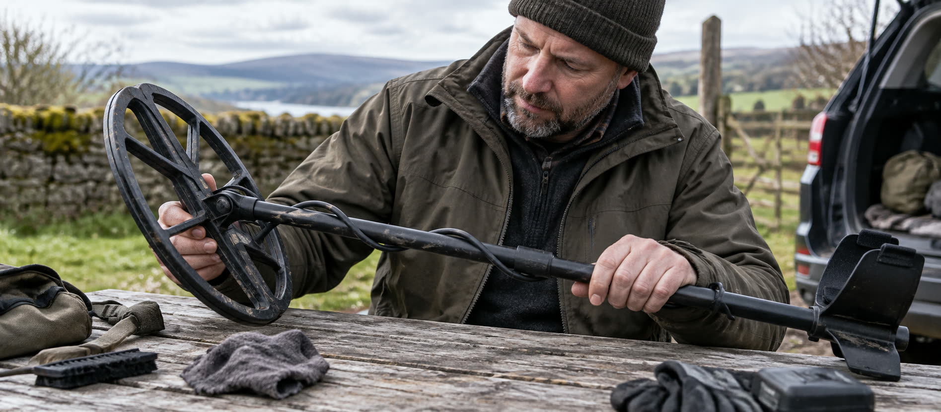 Buyer inspecting the coil and cable of a used detector at an outdoor table