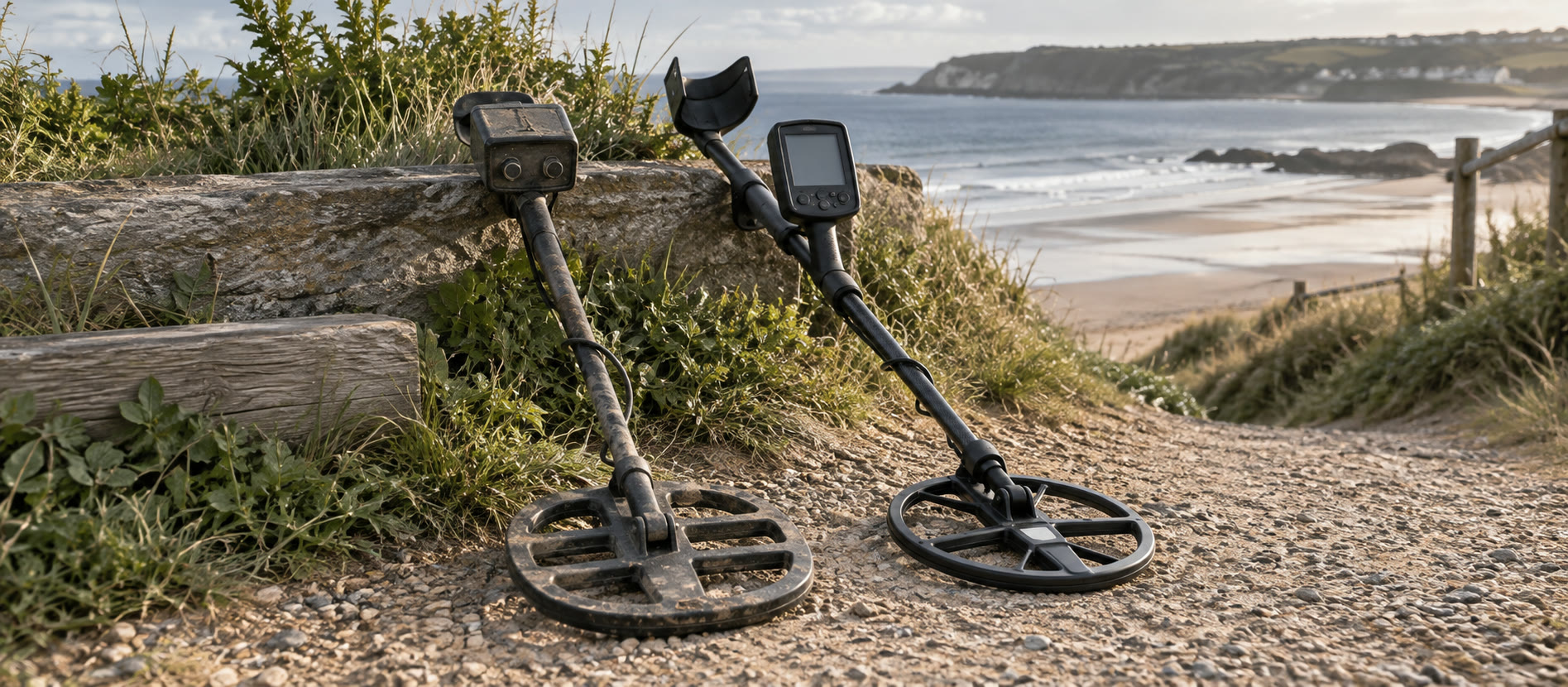 Two different detector generations beside a British beach path