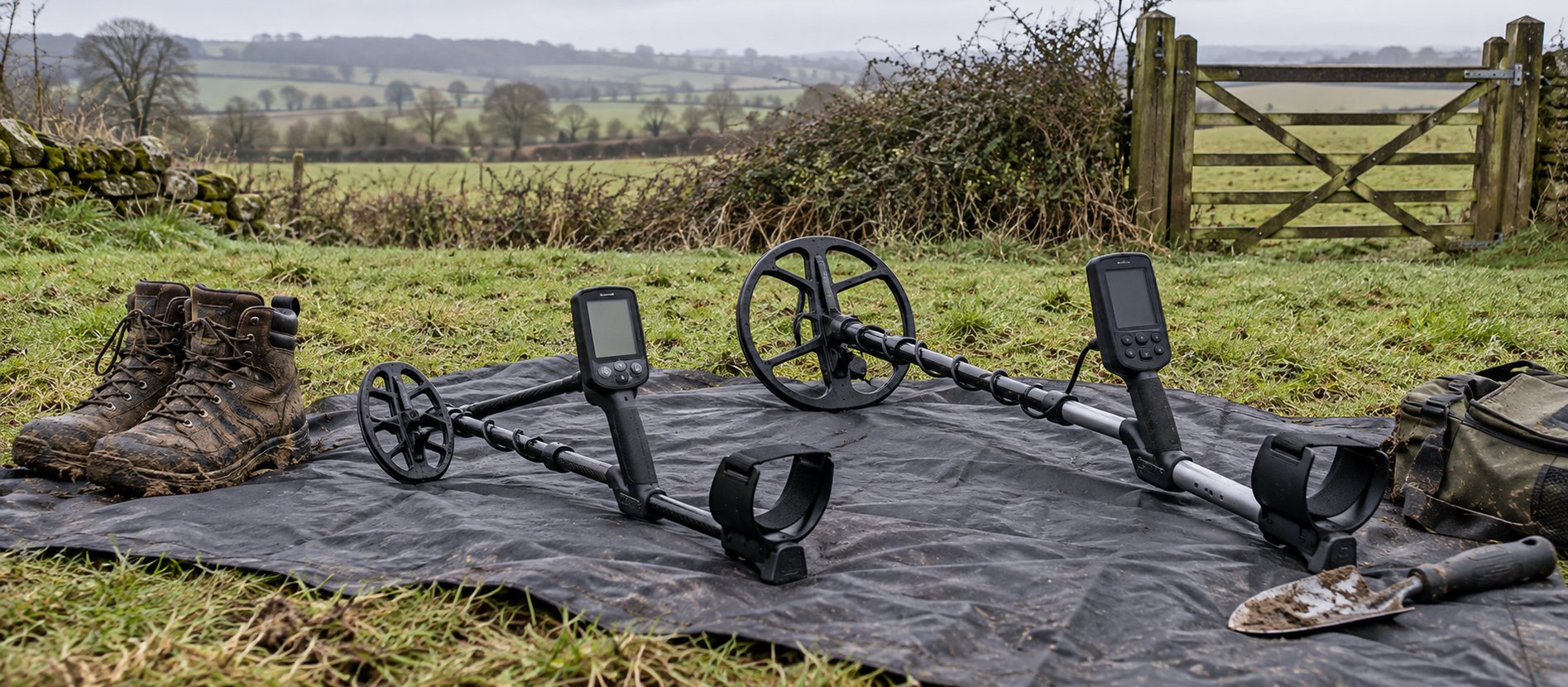 Two metal detectors laid out beside boots and a map at a British pasture gate