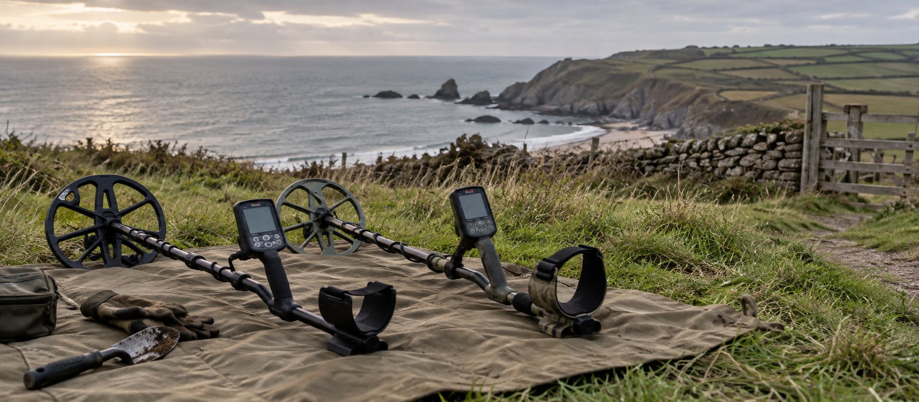 Two different unbranded metal detectors resting beside a British coastal path