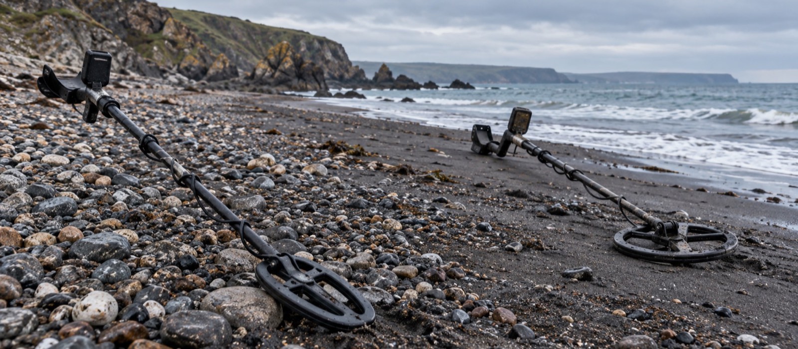 Two unbranded metal detectors resting on a mineral-rich British shingle beach