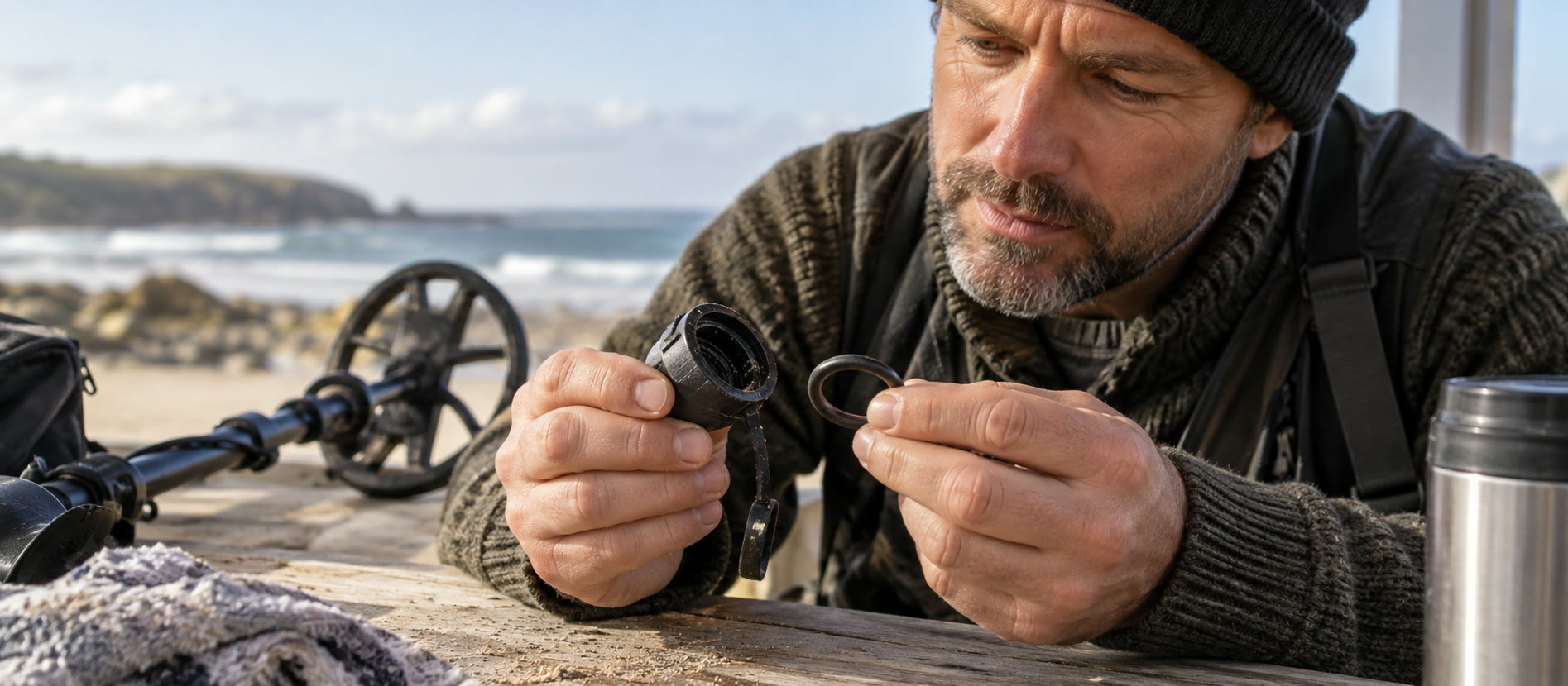 Close inspection of a clean detector port cap after a beach session