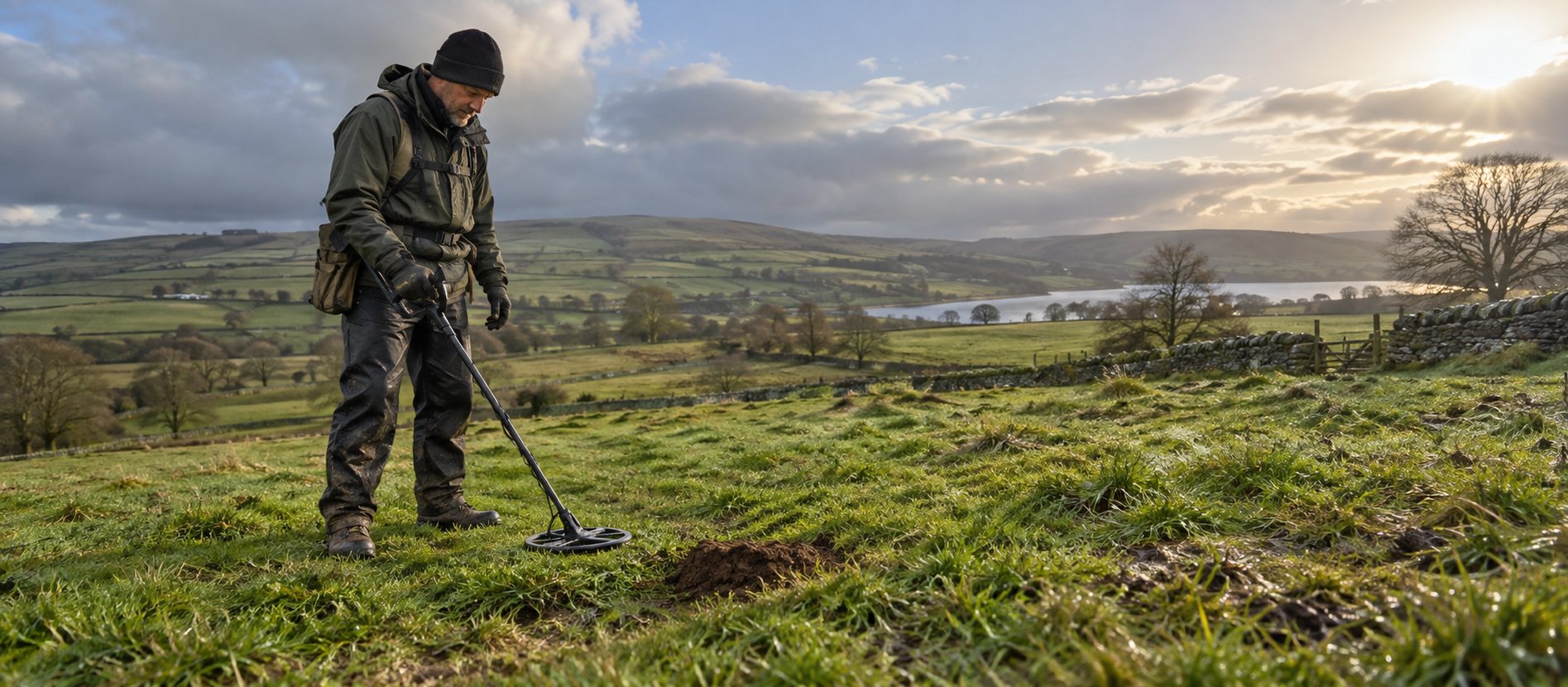 Detectorist sweeping damp British pasture after rain under clearing clouds