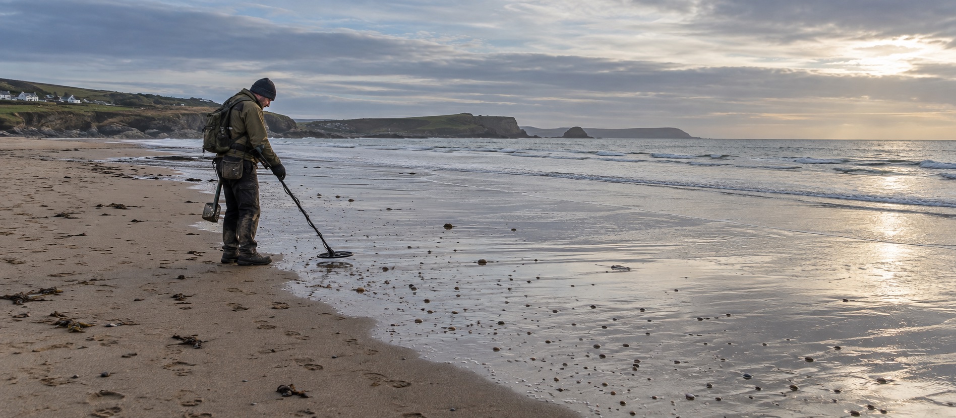 Detectorist sweeping along the boundary between dry and reflective wet beach sand