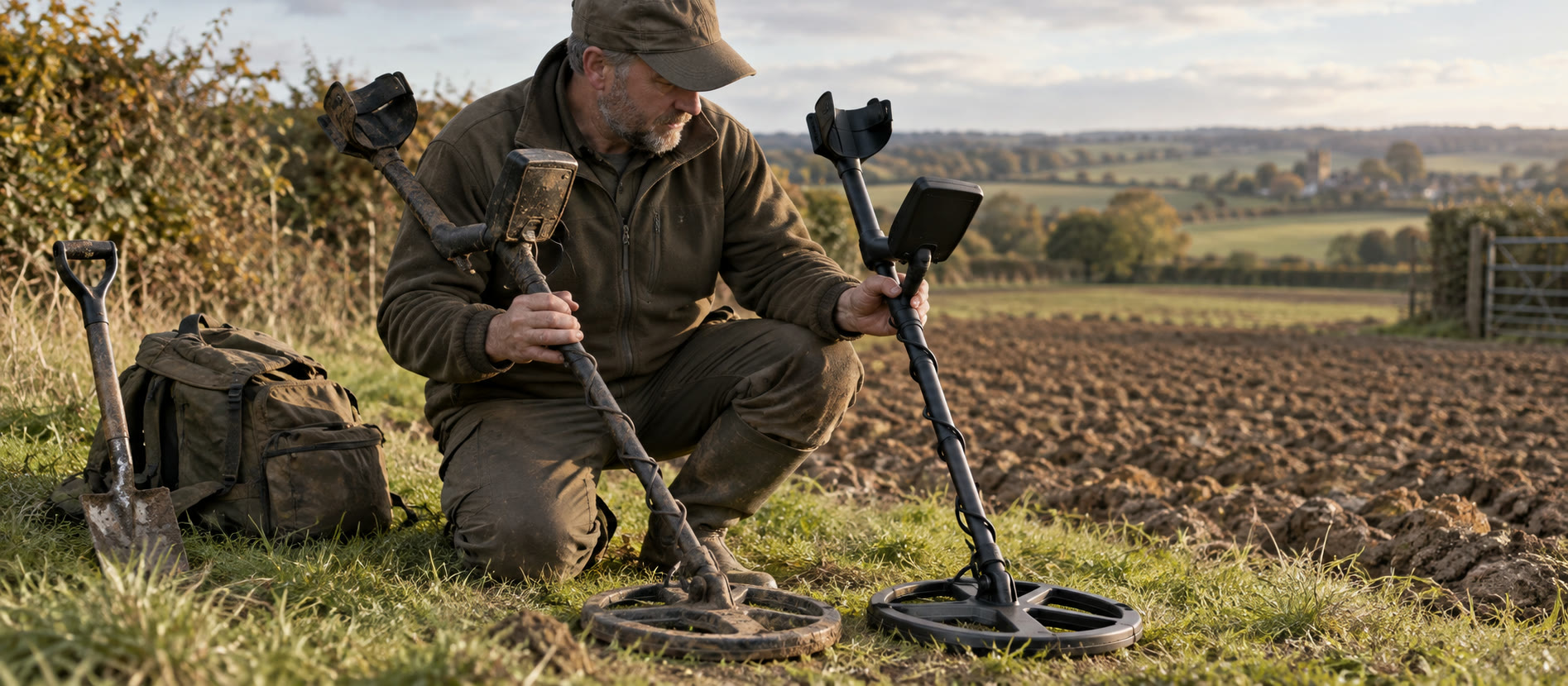 Two different detector setups prepared beside a British field edge