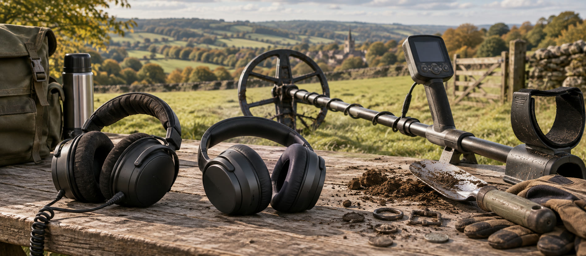 Wired and wireless headphones beside a metal detector on a British field kit table
