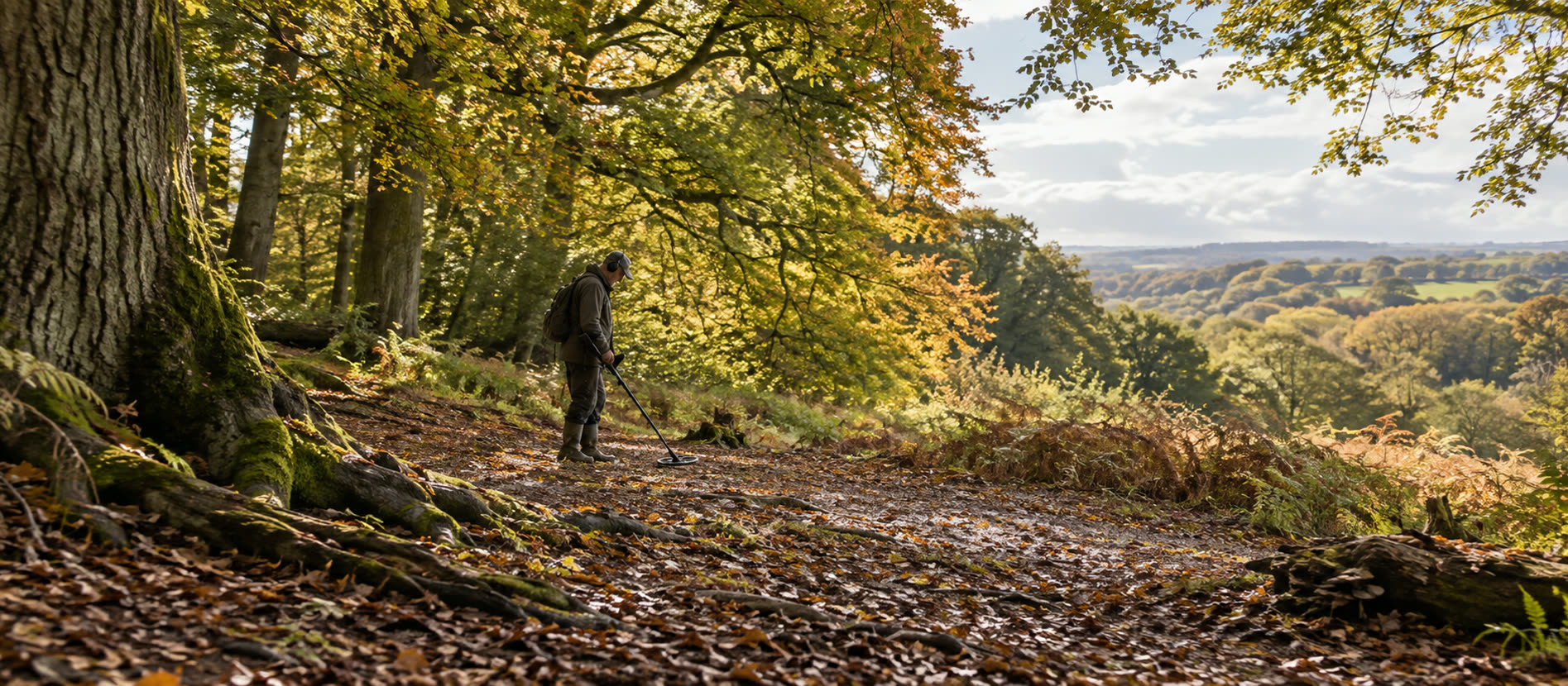 Detectorist making a careful sweep in a sunlit British deciduous woodland clearing