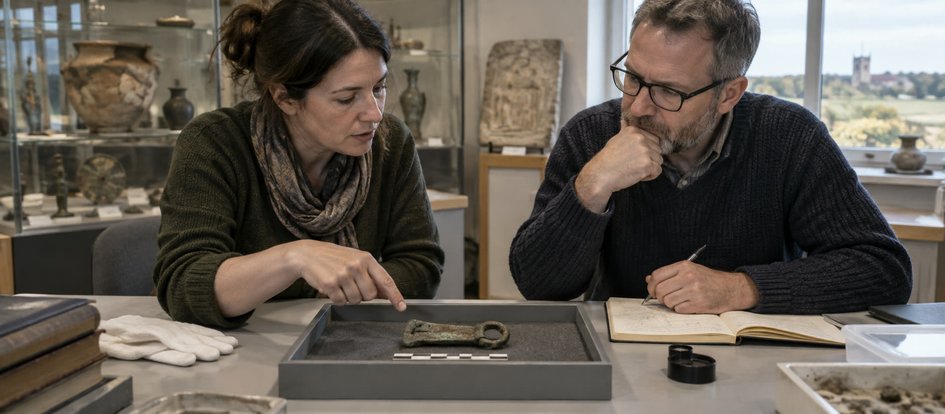 Two adults reviewing a small labelled metal find in a museum workroom